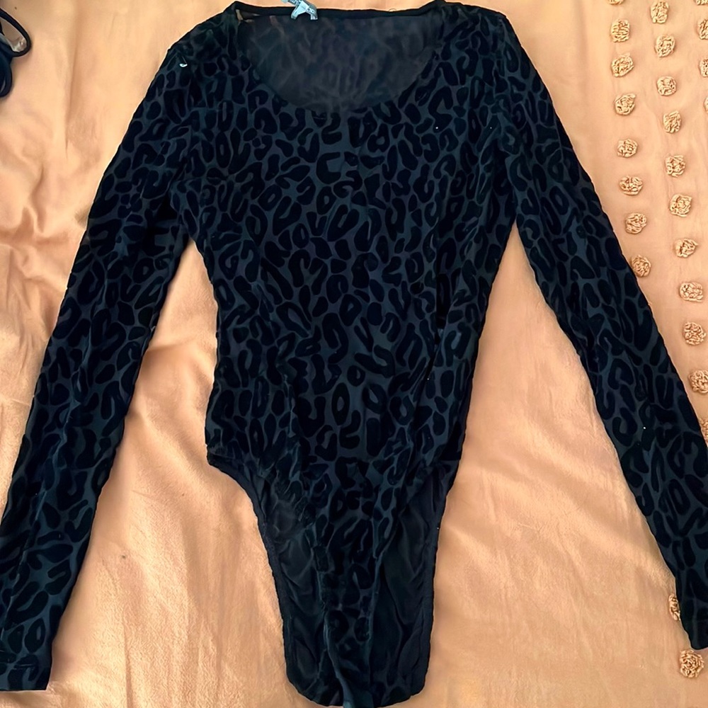 Mesh see through black leopard body suit